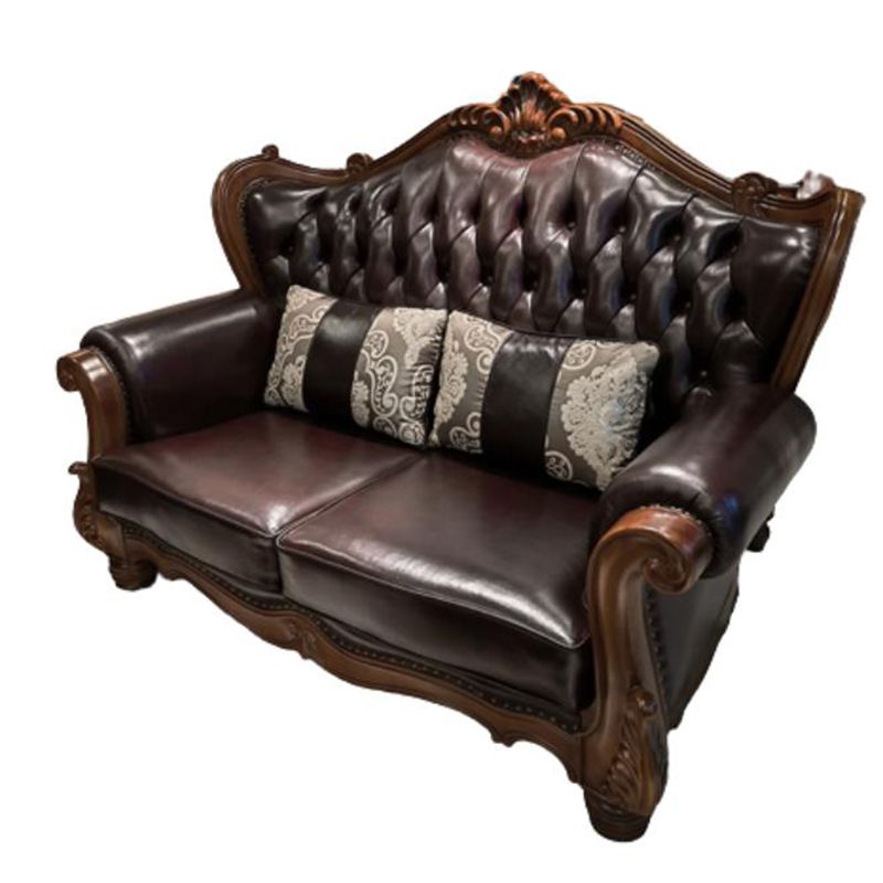 Solid Wood Genuine Leather Brown Rolled Arm Sofa with Tufted Back