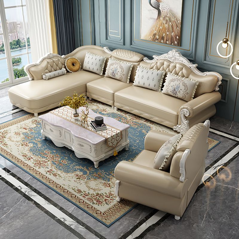 Tufted Scroll Arm Chesterfield Sofa and Chaise Genuine Leather Sofa with Pillows Clearhalo 'furn' 'furn_sectionals' 'Furniture' 'Living Room Furniture' 'Sectionals' 1200x1200_c8732263-bd27-4f42-a6f8-93521bf726f8