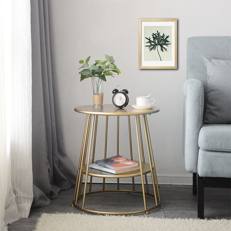 中世のモダンメタルテーブルラウンドトップフレームベースサイドテーブル付き棚