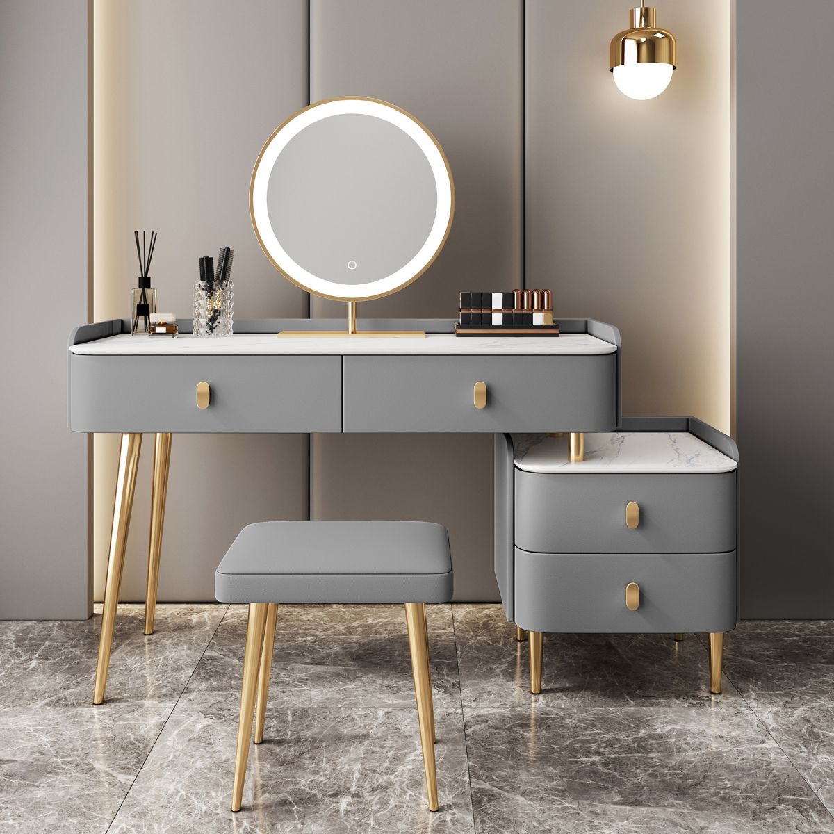 Modern mit Schubladen beleuchteter Spiegel Massivholz Schlafzimmer Eitelkeitsverkederedisch