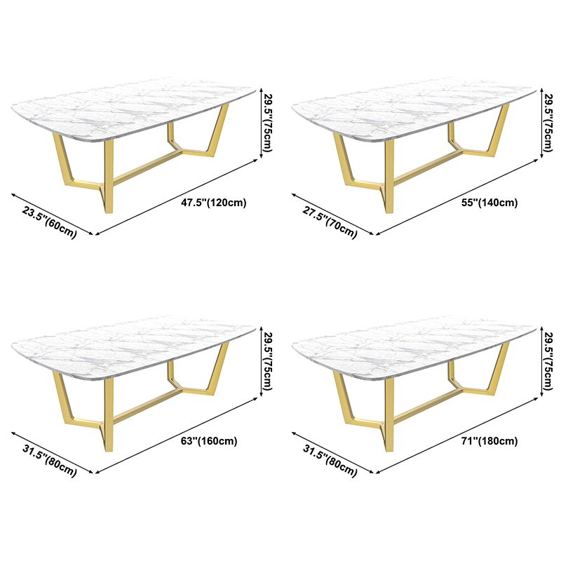 Rectangle White Sintered Stone Top Table Trestle Base Dining Table, Metal in Gold Clearhalo ' dining_table' 'Dining Tables & Seating' 'Dining Tables' 'furn' 'furn_dining_table' 'Furniture' 'furniture_dining_table' 'Kitchen & Dining Furniture' 'kitchen&dining_furn' 'kitchen' 'kitchen_dining_table' 1200x1200_c8b774a7-b106-440e-9326-e30e39d28fe6