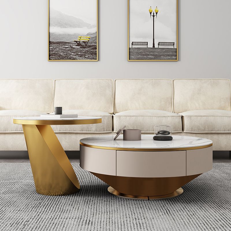 Modern Marble Drum Coffee Table Round Cocktail Table in white Clearhalo 'Coffee & Accent Tables' 'Coffee Tables' 'coffee_tables' 'furn' 'furn_coffee_tables' 'Furniture' 'Living Room Furniture' 1200x1200_c8e7c939-b6df-449d-bfb6-c35ee769449e