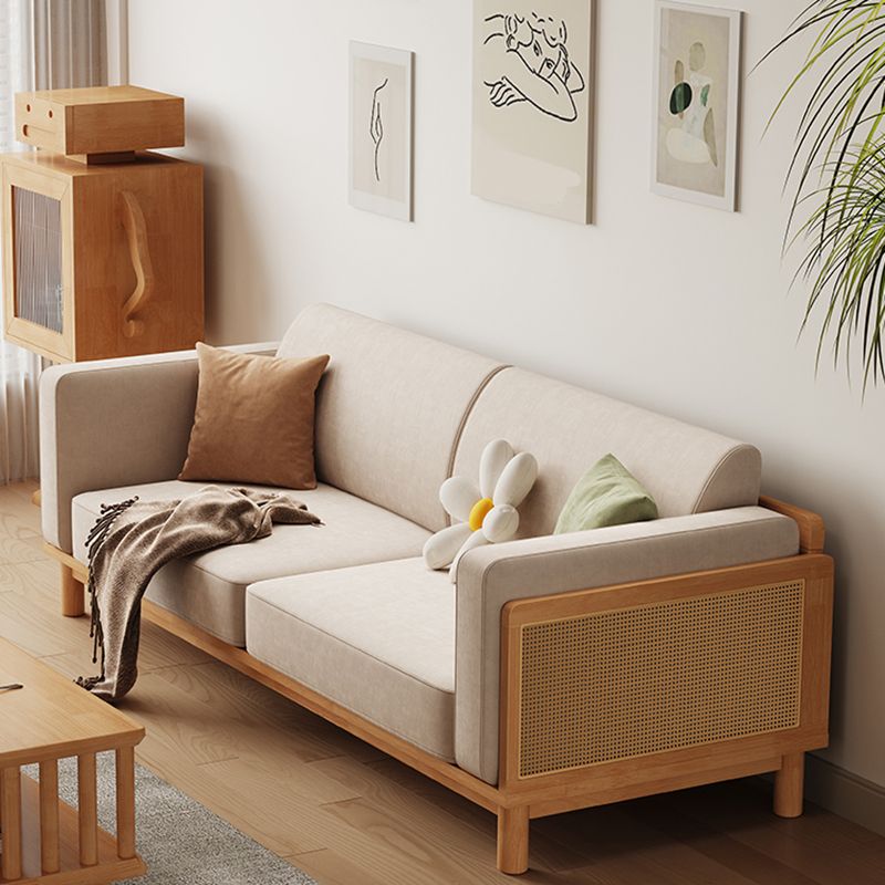 89" Wide Square Arm Sofa 3-Seater Solid Wood Sofa with Rattan Accent