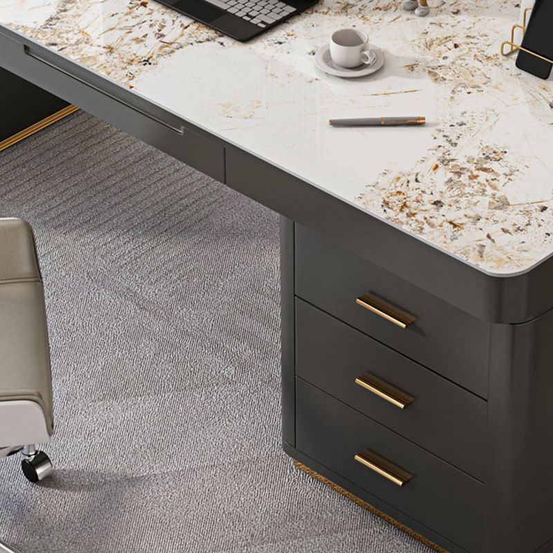 Dark Taupe Writing Desk Drawers Storage Glam Office Desk with Built in Outlets Clearhalo 'furn' 'furn_office_desk' 'Furniture' 'Office Desks' 'Office Furniture' 'office_desk' 1200x1200_c8fb83fa-30ff-4f95-b06d-7fa7436aaea2