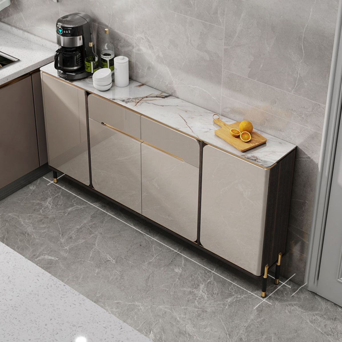 Scheda laterale moderna per scaffalature regolabili in pietra di calcolo con cassetti e armadi