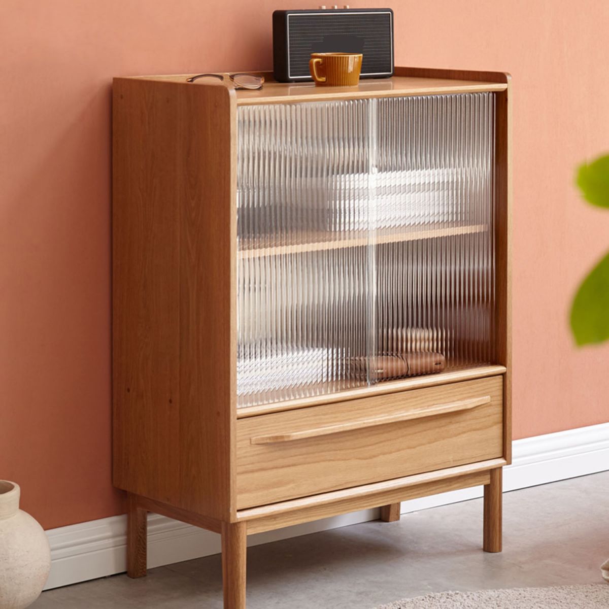 ガラスパーン1-リビングルーム用の引き出し固体木材アクセントキャビネット