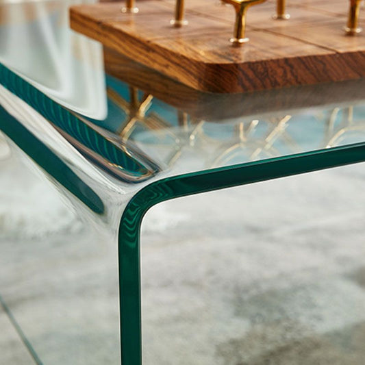 Modern Rectangle Glass Coffee Table Sled Base Cocktail Table with Shelf