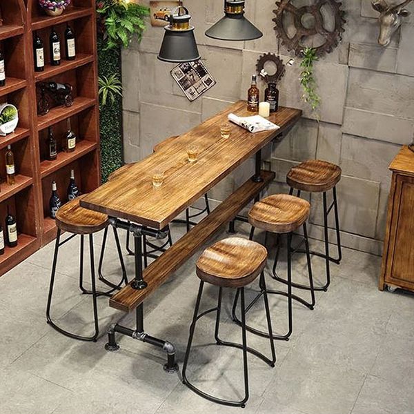 Rechteckiges Massivholz-Bartisch-Set, industrieller 1/4/7-teiliger Thekentisch mit Hockern