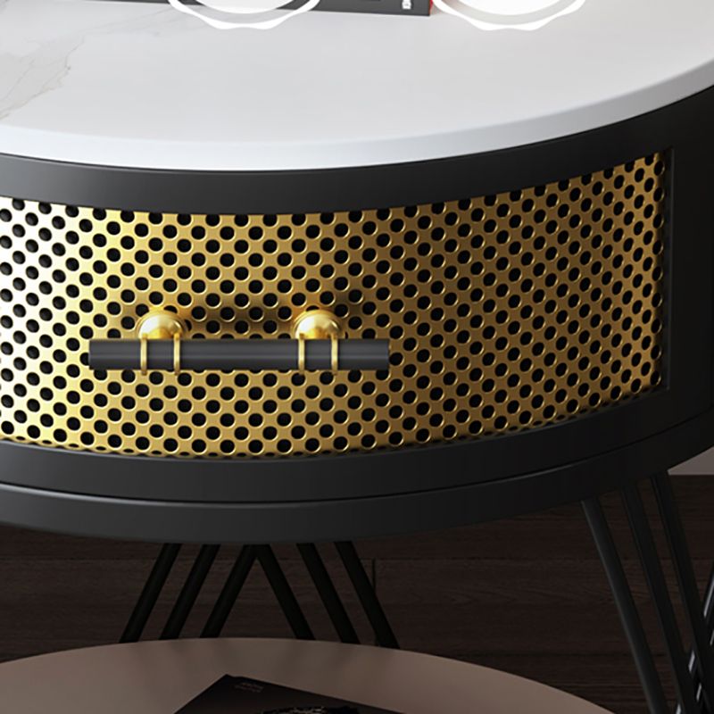 Round Side Table with 1 Drawer Metal Frame Side End Snack Table