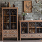 Distressed Brown Drawers Included Cabinet Glass Paned Wood & Iron Accent Cabinet