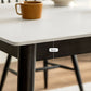 Mesa de comedor blanca de piedra rectangular moderna con 4 piernas negras de roble
