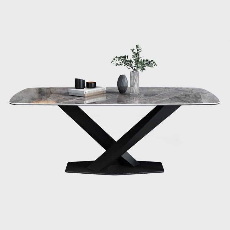 Rectangle Traditional Luxury Dining Table Grey Sintered Stone Table with Black Metal Pedestal Base Clearhalo ' dining_table' 'Dining Tables & Seating' 'Dining Tables' 'furn' 'furn_dining_table' 'Furniture' 'furniture_dining_table' 'Kitchen & Dining Furniture' 'kitchen&dining_furn' 'kitchen' 'kitchen_dining_table' 1200x1200_c97a3d2f-0bc3-4485-97a2-86feee933d18