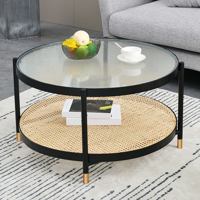 Table basse moderne en verre transparent avec rangement, ensemble de Table à cocktail ronde à 4 pieds