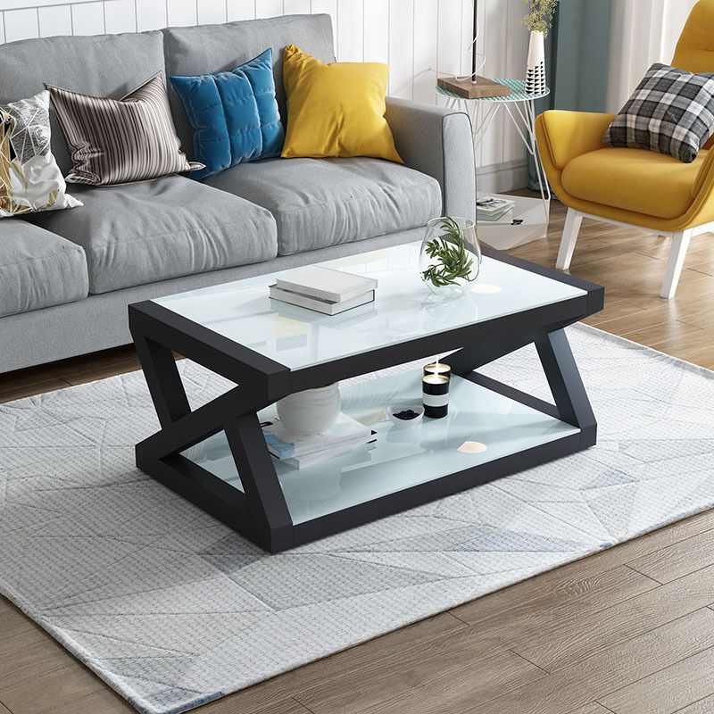 17.7" Tall Modern Trestle Base Glass Rectangular Coffee Table with Shelf Clearhalo 'Coffee & Accent Tables' 'Coffee Tables' 'coffee_tables' 'Furniture' 'furniture_coffee_tables' 'Living Room Furniture' 1200x1200_c991dfd0-9293-4f70-a6e6-5bc58dde149d