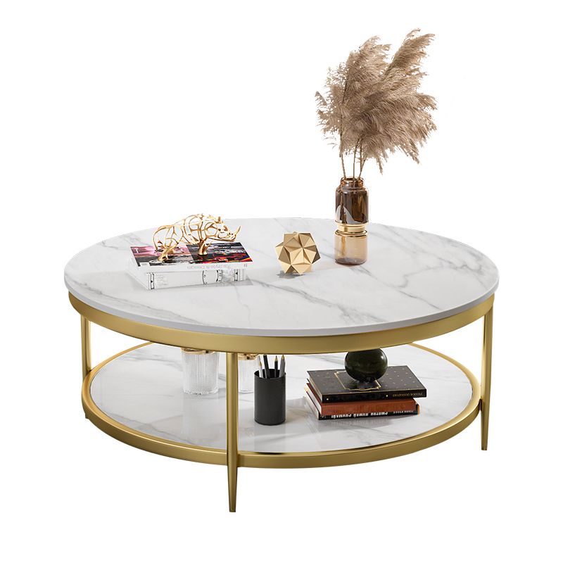 17.7" H Glam Round Slate Coffee Table Metal 4 Legs Cocktail Table with Shelf Clearhalo 'Coffee & Accent Tables' 'Coffee Tables' 'coffee_tables' 'furn' 'furn_coffee_tables' 'Furniture' 'Living Room Furniture' 1200x1200_c9c4c9fc-6541-4bed-bd3d-27741891b3a1