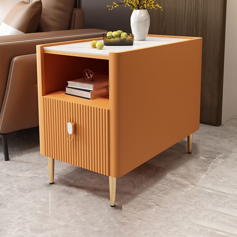 Modern Stone Top End Table 4 Legs Side Table with Drawer and Shelf