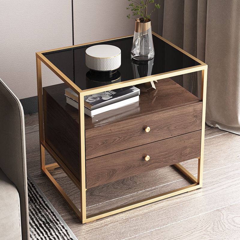 21.25" Tall Rectangular Glass Top Side Table Iron Frame 2-Drawer End Table