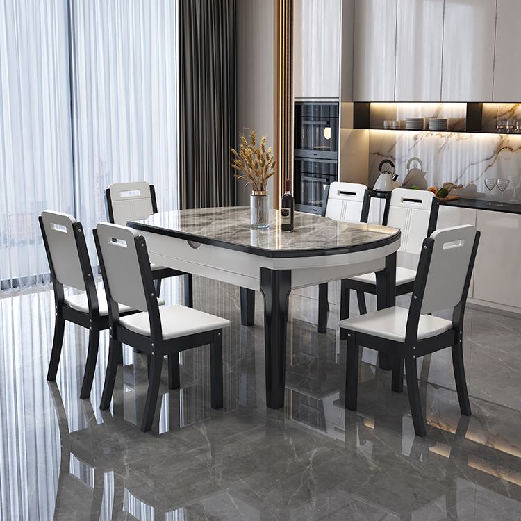 Modern Round Expandable Retractable Stone Top Dining Table with Black Wood Base Clearhalo 'Dining Tables & Seating' 'Dining Tables' 'dining_table' 'furn' 'furn_dining_table' 'Furniture' 'Kitchen & Dining Furniture' 1200x1200_ca463c9a-39a1-486a-8cdc-6191654c3d6c