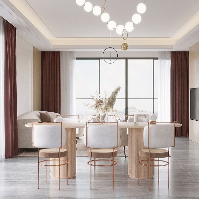 Oval Double Pedestal Minimalist Dining Table Wood Color Fixed Table of Solid Wood Clearhalo ' dining_table' 'Dining Tables & Seating' 'Dining Tables' 'furn' 'furn_dining_table' 'Furniture' 'furniture_dining_table' 'Kitchen & Dining Furniture' 'kitchen&dining_furn' 'kitchen' 'kitchen_dining_table' 1200x1200_ca4843bb-a07f-4d76-a202-e751c4d12a06
