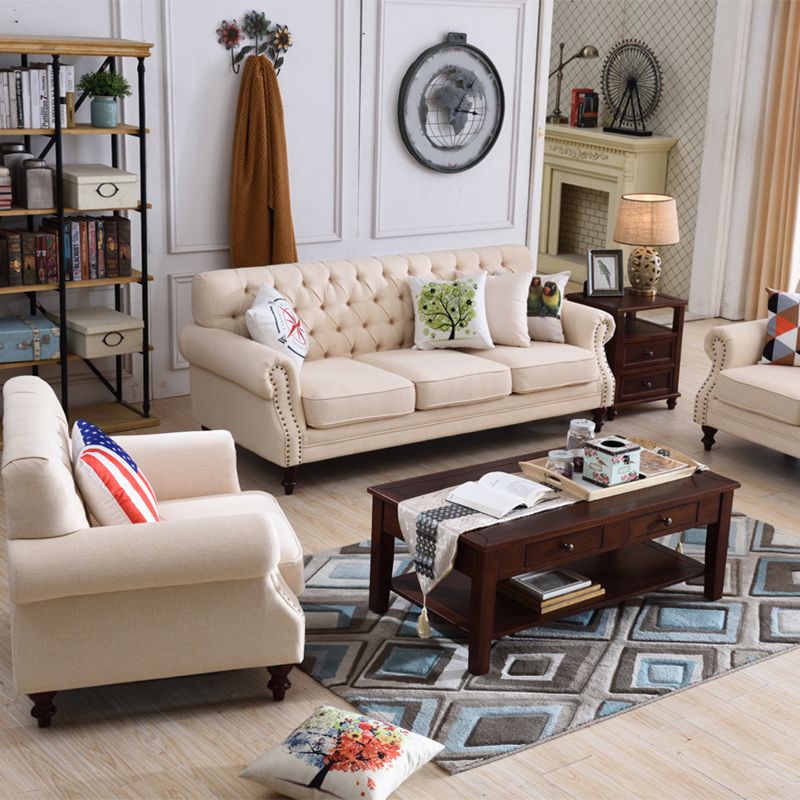 33.4"H Country Linen/Microfiber/Faux Leather Rolled Arm Tufted Sofa Clearhalo 'furn' 'furn_sofas' 'Furniture' 'furniture_sofas' 'kitchen' 'kitchen_sofas' 'Living Room Furniture' 'Sofa' 'sofas' 1200x1200_ca4c1dc8-5ea4-484c-aeed-8395e6576e47