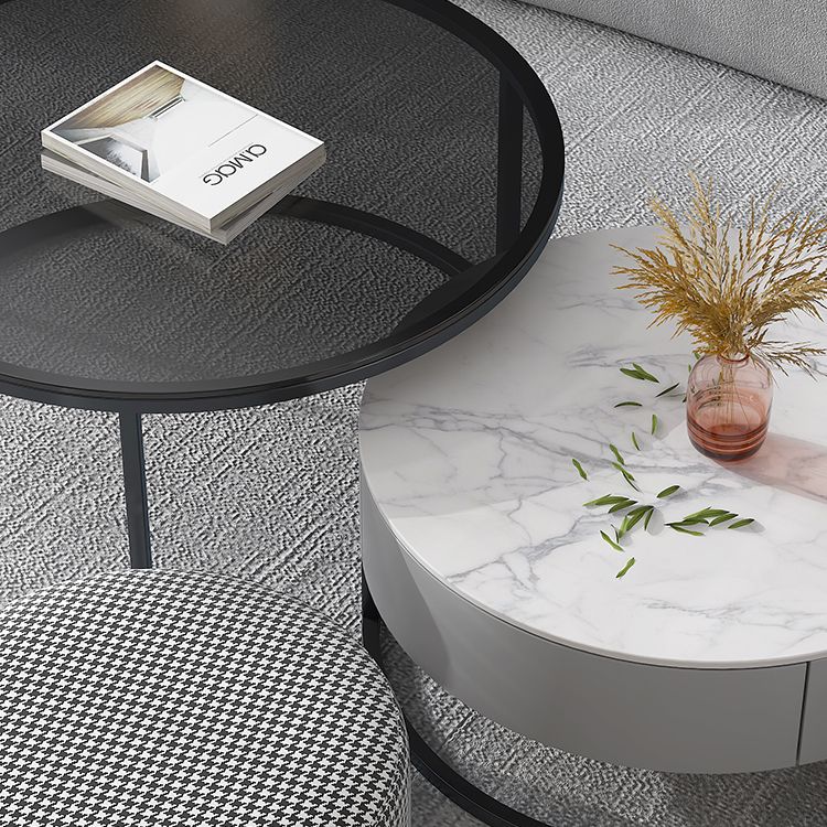 Modern Round Glass & Slate Coffee Table Set Frame Cocktail Table with Drawer Clearhalo 'Coffee & Accent Tables' 'Coffee Tables' 'coffee_tables' 'furn' 'furn_coffee_tables' 'Furniture' 'Living Room Furniture' 1200x1200_ca7acdb3-026d-4fc4-9be4-e9d21c2f58f5