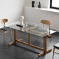 Clear Modern Rectangle Glass Dining Table with Solid Wood Trestle Base