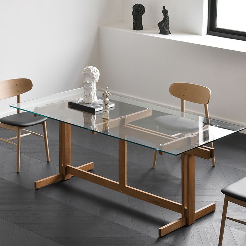 Clear Modern Rectangle Glass Dining Table with Solid Wood Trestle Base