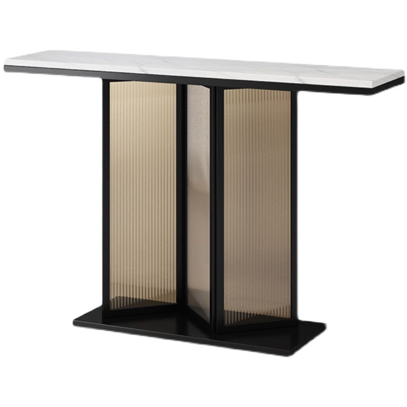 Console top in pietra in stile glam con base di piedistallo di ferro e vetro