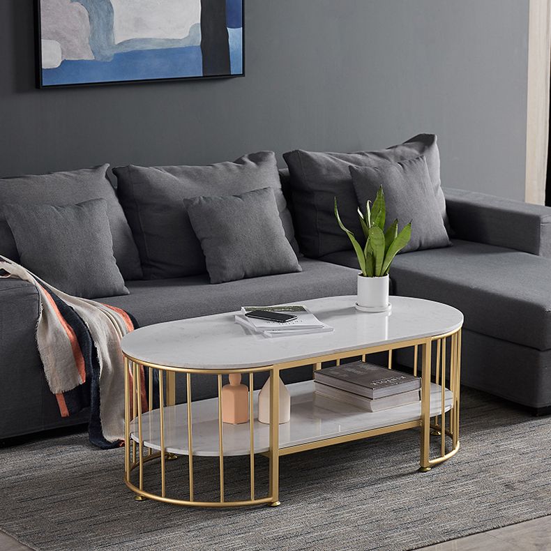 Glam Style Oval Coffee Table with Marble Top and 1 Shelf in White Clearhalo 'Coffee & Accent Tables' 'Coffee Tables' 'coffee_tables' 'furn' 'furn_coffee_tables' 'Furniture' 'Living Room Furniture' 1200x1200_cabc6461-2884-431b-8428-3e6154a76306