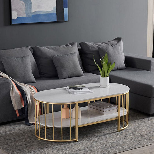 Mesa de café ovalada de estilo glamoroso con tapa de mármol y 1 estante en blanco