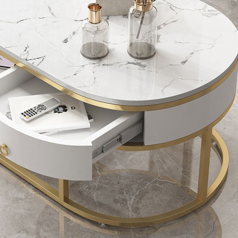 Glam Style Cocktail Table with Shelf and Drawer Stone Ova Top Coffee Table Clearhalo 'Coffee & Accent Tables' 'Coffee Tables' 'coffee_tables' 'furn' 'furn_coffee_tables' 'Furniture' 'Living Room Furniture' 1200x1200_cac83496-2ad9-47f7-bce9-21d75e274f81