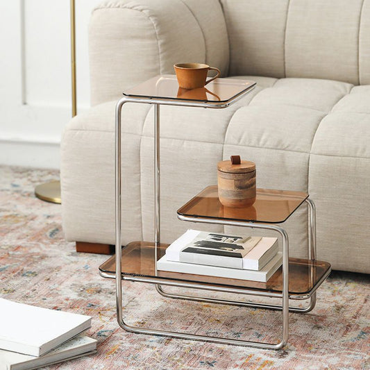 Tablero de vidrio de mesa lateral modernista con mesa auxiliar de 3 niveles cuadrados de almacenamiento