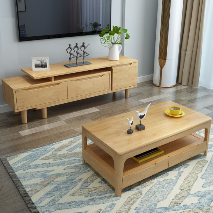 Nordic Solid Wood Coffee Table 4-Drawer 1-Shelf Cocktail Table