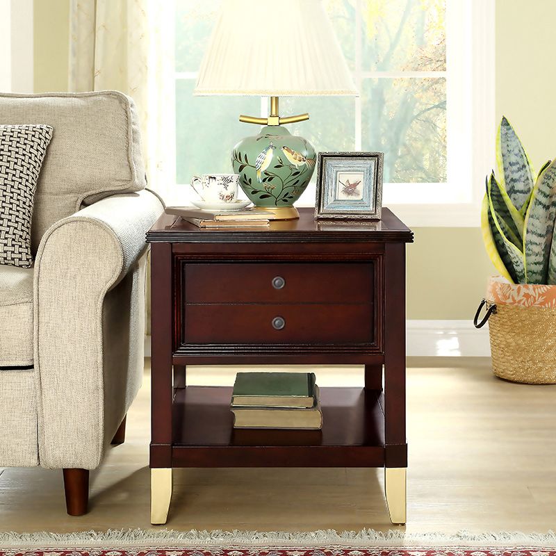 Contemporary Solid Wood End Table Rectangular Side Table with Storage and Shelf