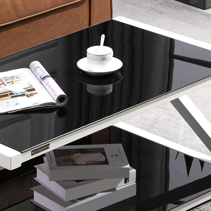 Rectangle Glass Top Coffee Table Stainless Steel Frame with Storage