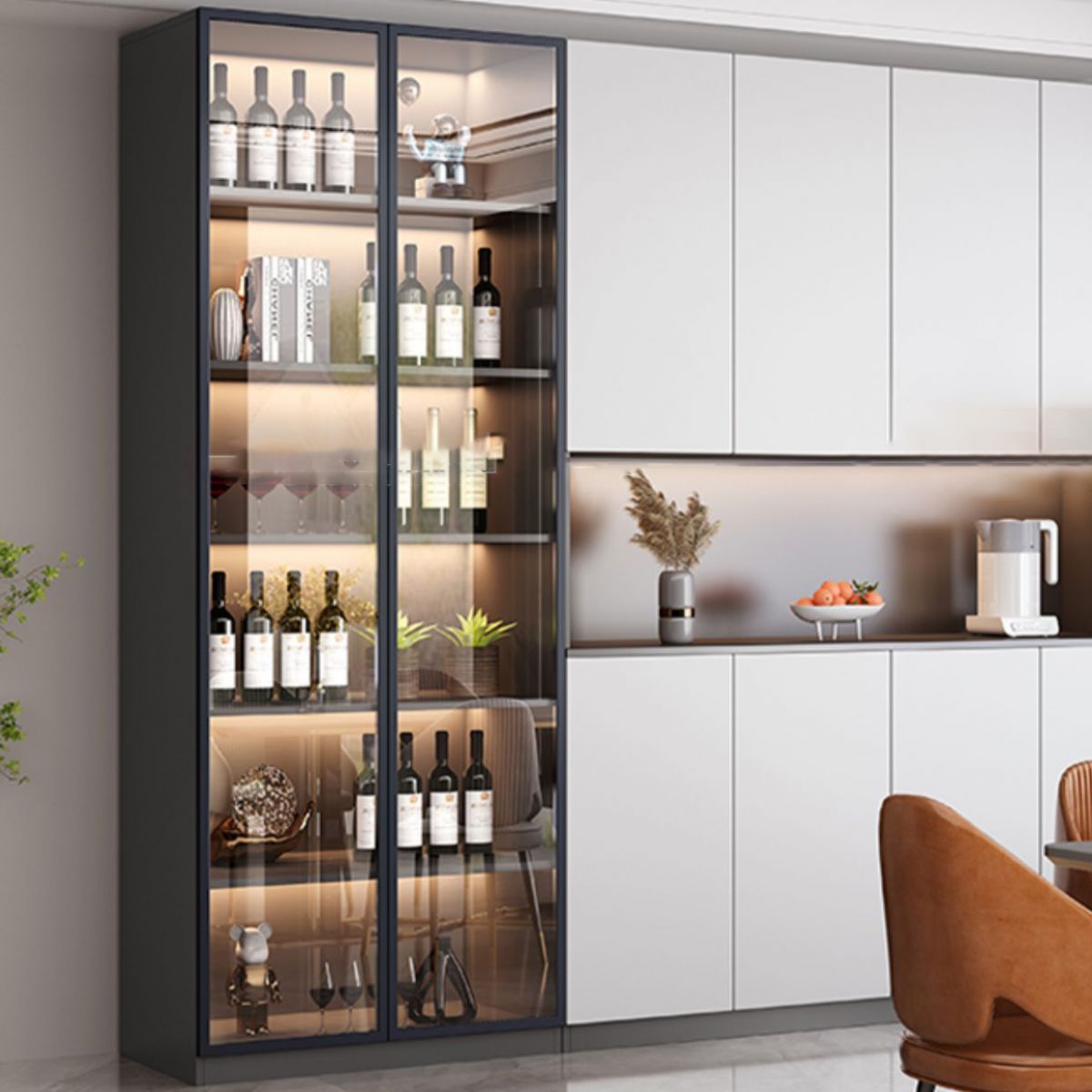 Gabinete contemporáneo de puertas de vidrio de madera de ingeniería sin luces LED sin luces LED