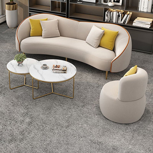 Beige/Grey Faux Leather Sofa Sloped Arm Sofa with Bolster Pillows