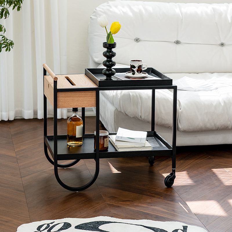 Modernistic Double Tier Accent Side Table Solid Wood Black Rectangular Corner Table