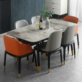 Mesa de comedor rectangular moderna de mediados de siglo con tapa de piedra y patas de madera maciza