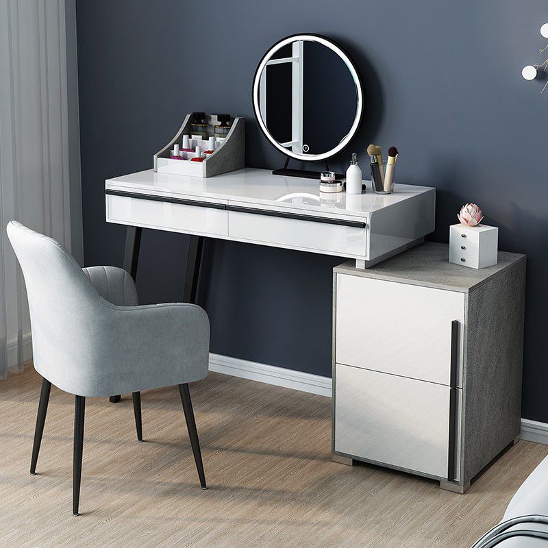 Contemporary Vanity with Padded Stool Engineered Wood Dresser in Glossy Finish