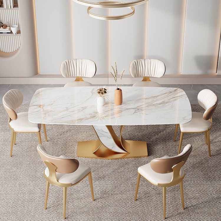 Table de salle à manger rectangulaire de luxe avec plateau en pierre blanche et base en X en métal doré et blanc