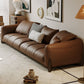 Genuine Leather Square Arm Sofa in Brown Simple Standard Sofa with Pillows