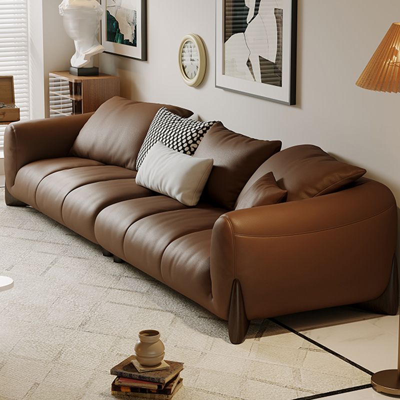 Genuine Leather Square Arm Sofa in Brown Simple Standard Sofa with Pillows