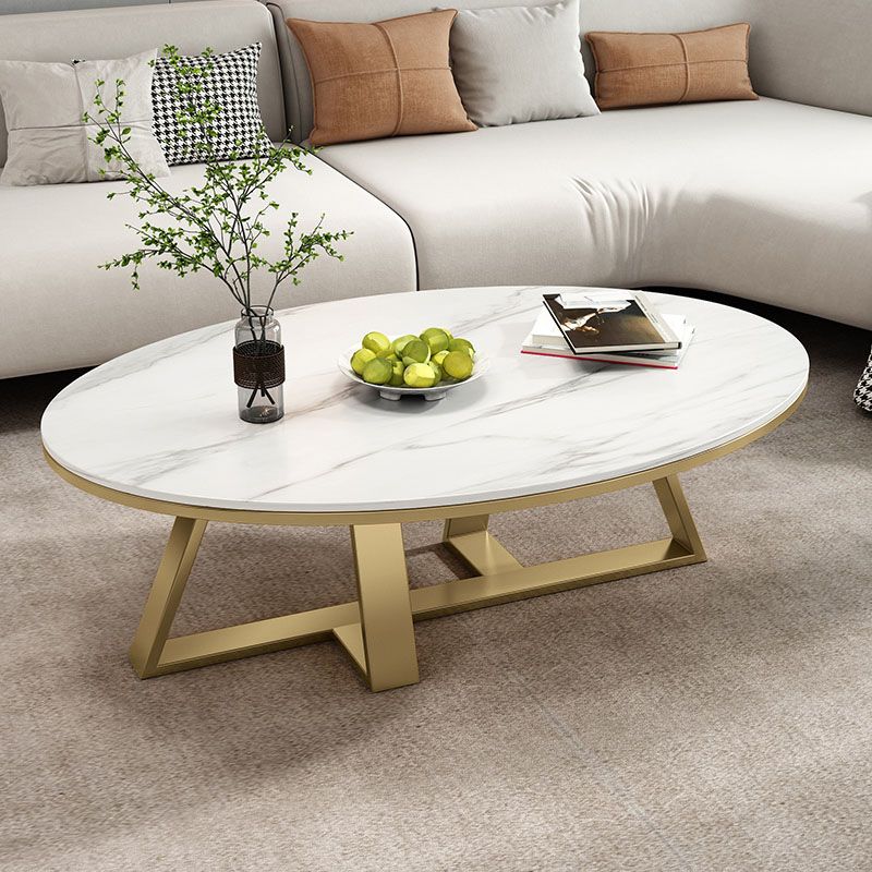 Metal Cross Legs Cocktail Table Luxurious Oval Stone Top Coffee Table Clearhalo 'Coffee & Accent Tables' 'Coffee Tables' 'coffee_tables' 'furn' 'furn_coffee_tables' 'Furniture' 'Living Room Furniture' 1200x1200_cbe24340-2fb6-47e3-a9ef-b94895d63c91