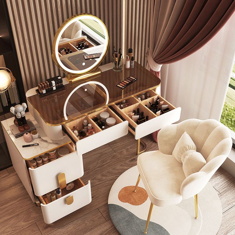 Tavolo da toeletta in legno per trucco top in vetro con cassetti di stoccaggio