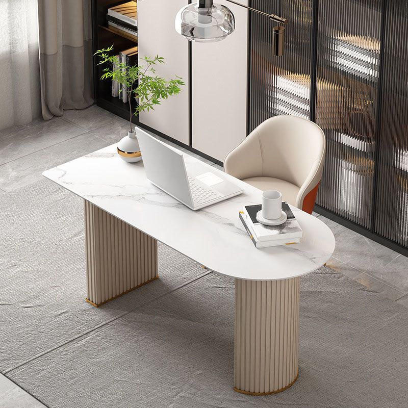 Glam Beige Office Desk 23.6" Wide Stone and Metal Writing Desk Clearhalo 'furn' 'furn_office_desk' 'Furniture' 'Office Desks' 'Office Furniture' 'office_desk' 1200x1200_cbea9651-2821-4340-ae96-c8db683d3ae9