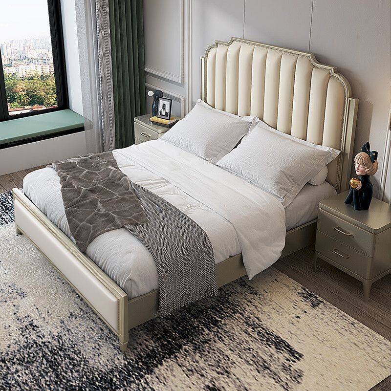 Stepped Glam Bed Frame Beech Standard Bed with Nail Head Trim Clearhalo 'Bedroom Furniture' 'Beds' 'furn' 'furn_beds' 'Furniture' 1200x1200_cbf43e8b-c1a4-40de-88aa-ac3d0bafec01