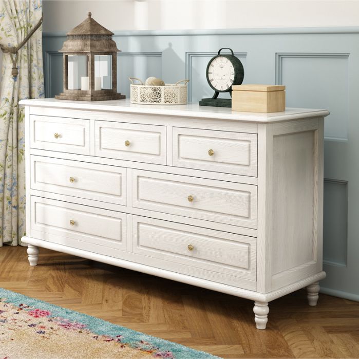 Mid-Century Modern White Chest with 7 Drawers and Turned Legs Clearhalo 'Cabinets & Chests' 'cabinets_chests' 'furn' 'furn_cabinets_chests' 'Furniture' 'Living Room Furniture' 1200x1200_cbfc0713-3129-4a0c-a72f-5d1f159eab6b