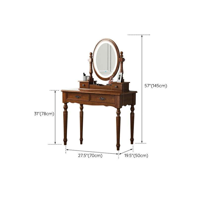 Vanity di trucco in legno in solido marrone con cassetti e tavolo da toeletta a specchio