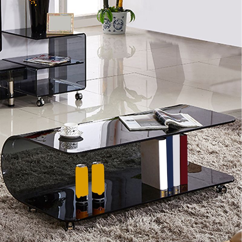 Contemporary Glass Shelf Included Coffee Cocktail Table with Casters Clearhalo 'Coffee & Accent Tables' 'Coffee Tables' 'coffee_tables' 'furn' 'furn_coffee_tables' 'Furniture' 'Living Room Furniture' 1200x1200_cc120703-0b61-4f26-a230-1f1017ca5137